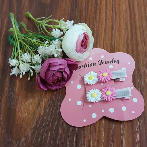 گیره مو دخترانه گل بابونه 2 عدد پیکسل خمیری گیفت هدیه اکسسوری فانتزی گیره موی سر فلزی